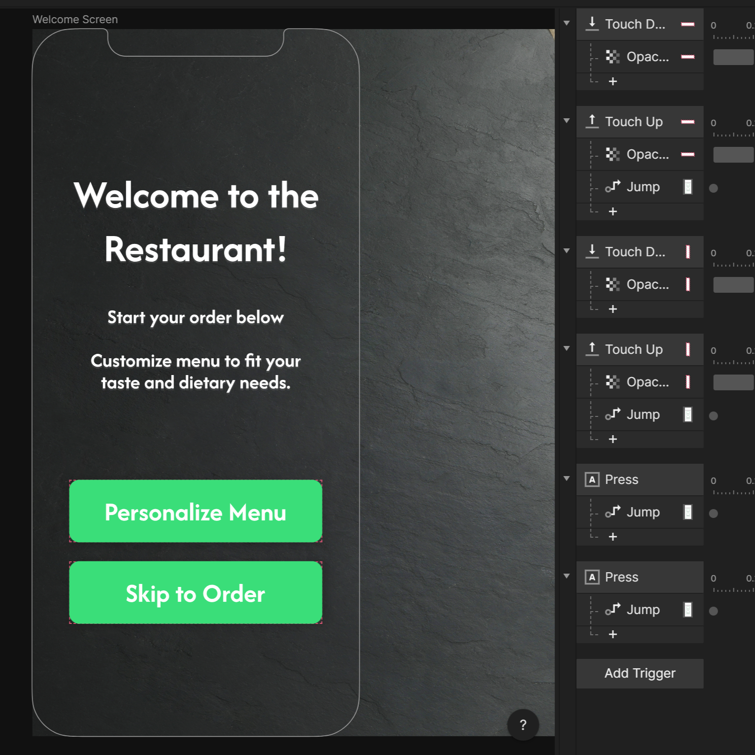 For this activity, I put the new high-fidelity wireframes into ProtoPie to create an improved interactive prototype from the last project, I made things much smoother here, and feel more like a real kiosk system that interacts with another end, meaning customer interacting with kitchen through the order process. This allows for a better understanding of the flow and how the user would interact with the kiosk system. This is the welcome screen, where the user would start their journey. From here they would be able to proceed to the next steps.