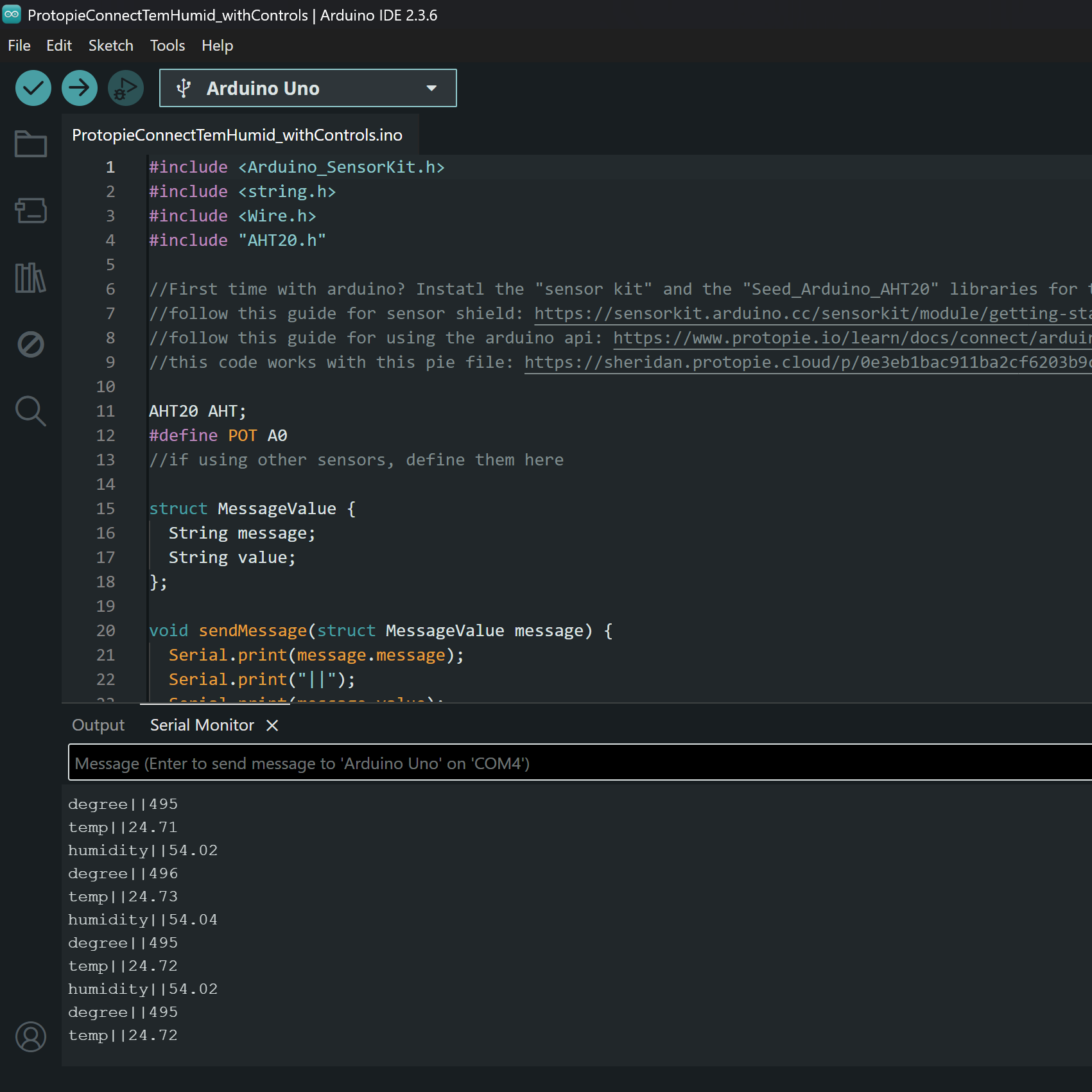 This is a screenshot of the code that the kit was using to actually work and provide data. The temperature data and dial amount is seen there in the actual data that was being captured from the board.