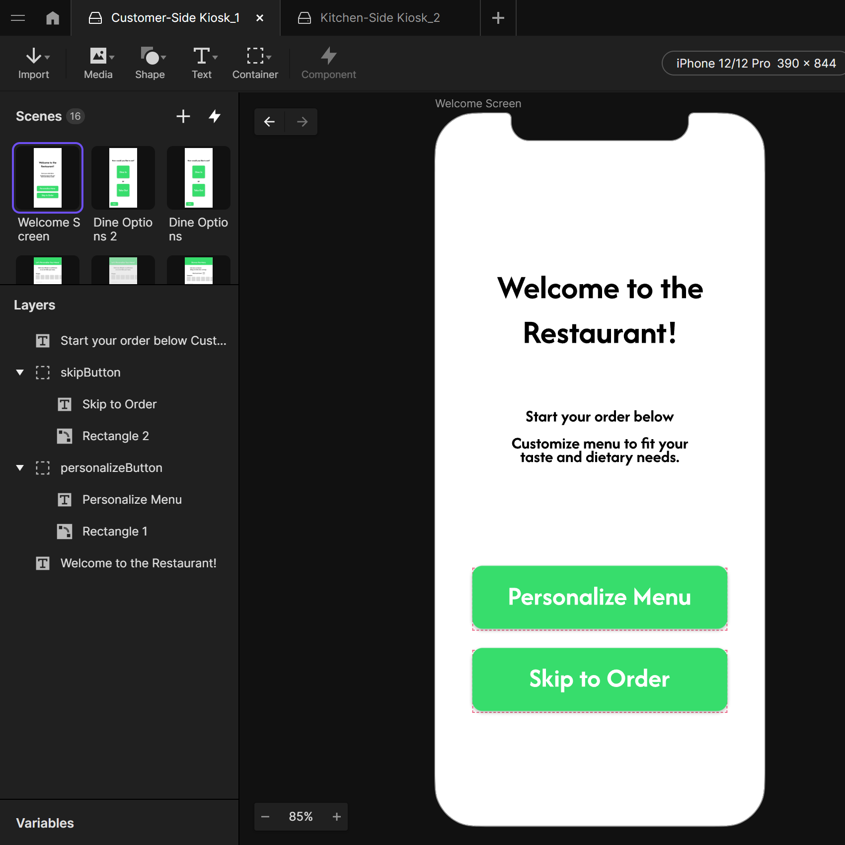 This is the ProtoPie prototype for the customer-side kiosk interface. It contains simple but effective interactions that allow the user to navigate through the ordering process. This prototype was through directly transferring the high-fidelity wireframes I created earlier from Figma into ProtoPie. This step was a great help in assiting us in visualizing how the final interface could operate on a surface level, not going too deep into some of the specific functions or interactions, but rather being that effective digital prototype we needed for this project.